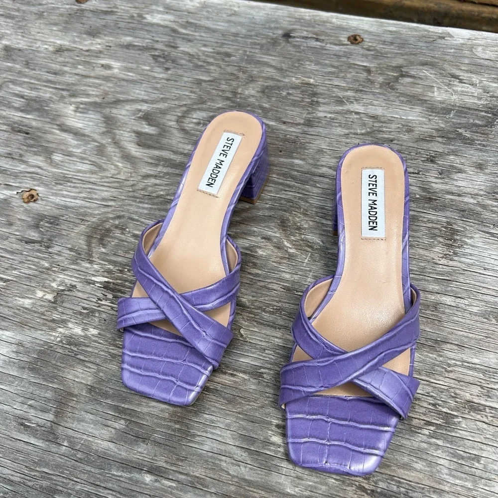 Steve Madden Women Gaia Block Heel Slide Sandals Size 6.5 Violet‎ Faux Leather